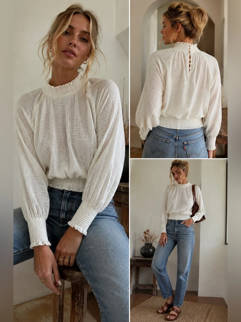 FREE PEOPLE Ivory White Textured Smocked High Neck Blouse Size L NWT